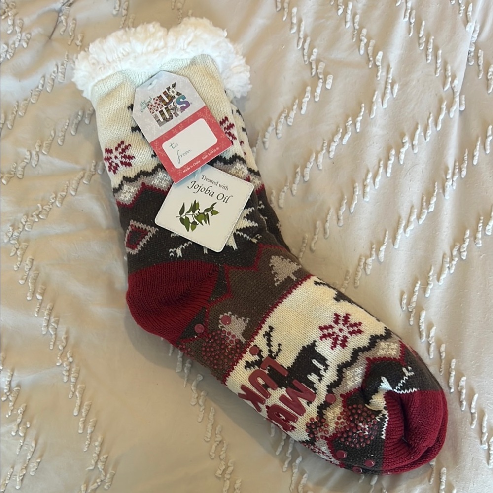Muk Luks Festive Holiday Socks - Red, Cream, and Brown